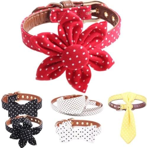 Dot Pet Dog Collar Leash Cat Bow Tie PU Leather Collier Chain Perro Bandana Sunflower Red for Small Large Dogs Teddy Chihuahua