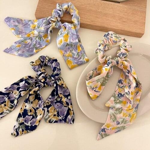 Korean 2021 New Trendy Colorful Print Flower Bow Tassel Scrunchies Hair Ties For Women Fashion Accessories Elastic Hair Bands