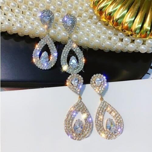 Luxury Shining Crystal Drop Earrings Gold Silver Color Water Drop Rhinestone Dangle Earrings for Women Wedding Party Jewelry