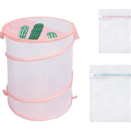 Mesh Collapsible Laundry Basket with Lid,Dirty Hamper with 2 Mesh Laundry Bags,Portable,for Bedroom,Bathroom