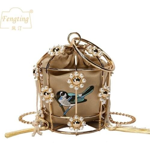 Vintage Metal Frame Embroidery Bird Cage bags Womens mini Bucket Evening Bag Clutch chain Shoulder Bag Tassel Handbag FTB242