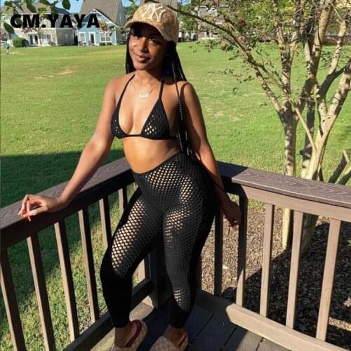 CM.YAYA Women Bikinis Set Solid Mesh Halter Bra Low Waist Paties Full Pencil Pants Three Piece Sets Sexy Swimsuit Beachwear 2021