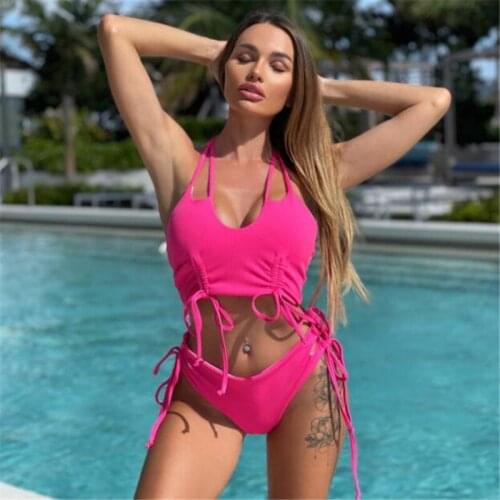 2 Pieces Bathing Suit Set Female Solid Color Strappy Bikini Tops with Drawstring+High Waist Panties for Summer Pink S/M/L