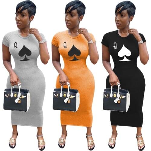 Plus Size Long Maxi Dress Women O Neck Short Sleeve Bodycon Summer Dress Fashion Printed Poker Q Casual Boho Sundress S-4XL 2021