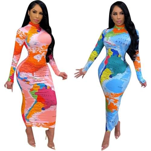 Womens World Map Print Pullover Dress Elegant De Mujer Robes Robe Femme Vestidos