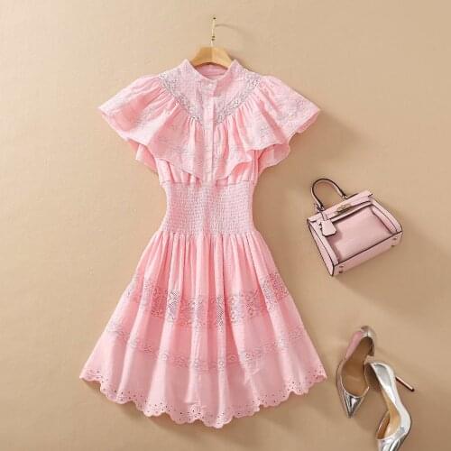 2021 Spring Summer Dress Short Sleeve Polyester Pink Embroidery Crew Neck Womens Dress
