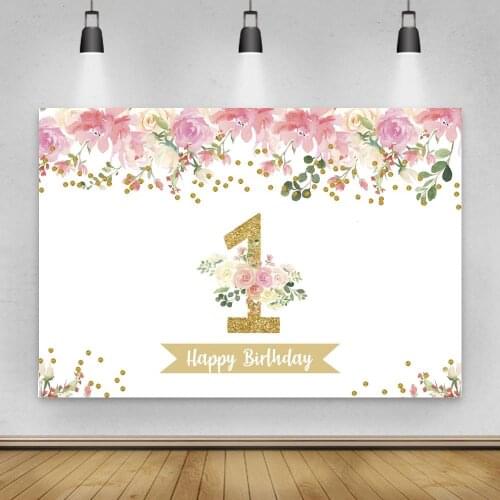 Golden 1 2 3 Kids Birthday Floral Banner Decor Backdrops Pink Rose Princess Party Cake Table Photo Backgrounds