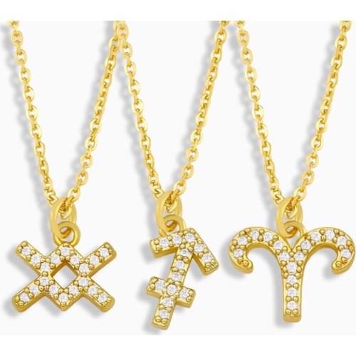 2021 12 Zodiac Signs Necklace Gold Plated Micro Pave Zircon Lucky Guardian Zodiac Symbol Pendant Necklace For Women Girl Gift