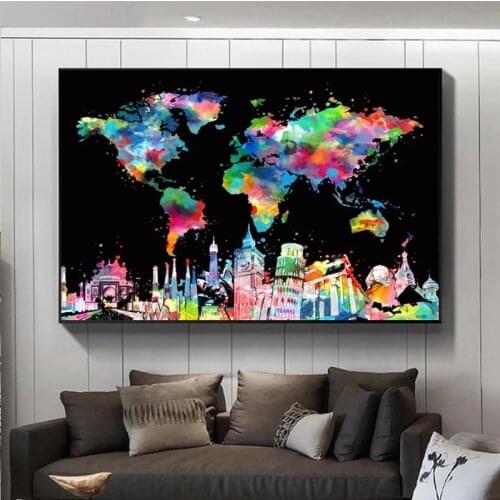 Abstract Colorful World Map City Canvas Painting Landscape Art Posters and Prints Wall Art Pictures for Living Room Home Decor