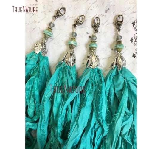 Turquoises Sari Silk Tassel Pendant Bohemian Tassels Pendant Antique Silver Flower Bead Cap Czech Glass Beads PM14503