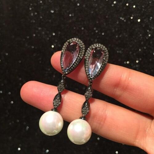 Bilincolor gun-black water-drop tassel insert zircon with big white pearl earrings earrings for women weeding party and gift