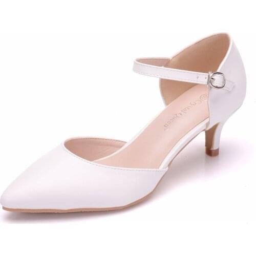 Women sandals wedding Party PU Buckle Strap 5.5CM Thin High heels Pointed Toe women shoes sandalias mujer 2020 size 35-42 white