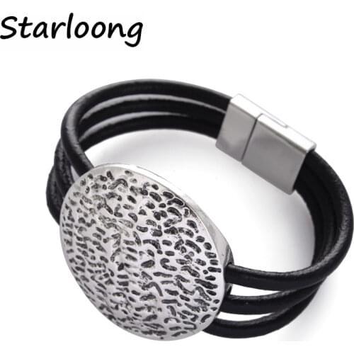 New fashion jewelry alloy round shape black multi-layer genuine leather cord magnetic clasp bracelets for women and men bangle
