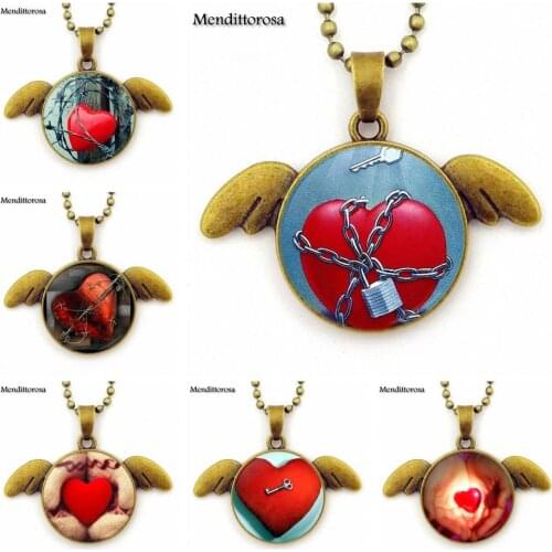 Bronze Plated Statement Necklace Handmade Angel Wings Necklaces For Girls Gift Charm Red Key to Open The Heart