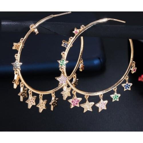 CWWZircons Chic 585 Gold Color Rainbow CZ Cubic Zirconia Dangling Colourful Star Charm Big Circle Hoop Earrings for Women CZ739