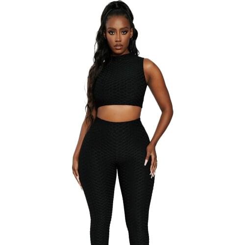 Elastic Lady Tracksuits O Neck Sleeveless Back Hollow Out Crop Top+High Waist Long Pant Solid Yoga Sport Jogging Women Set 2021