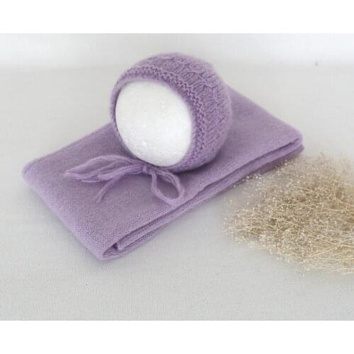 Purple Newborn Stretch Knit Wrap Bonnet Set Photo Prop Baby Swaddle Fabric Wrap Newborn Soft Knit Hat Prop