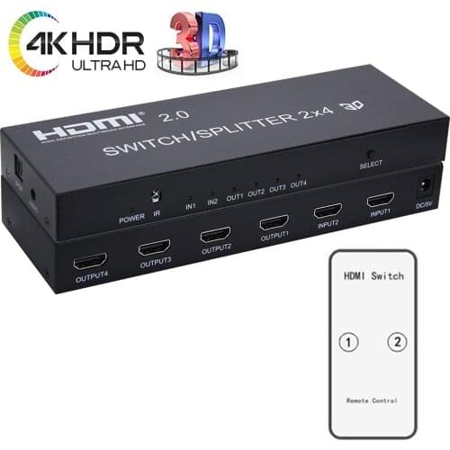HDMI 2.0 2X4 Splitter Switcher with toslink Spdif audio 3.5mm 2 in 4 out 4kX2K with IR remote control&power adapter