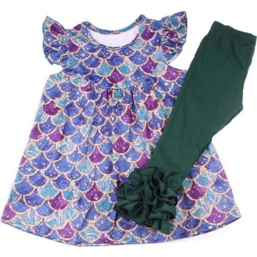 Girls Summer Boutique Clothing Set Children Blue Purple Squama Printed Pearl Soft Milk Silk Top Green Cotton Ruffle Pant Set kid