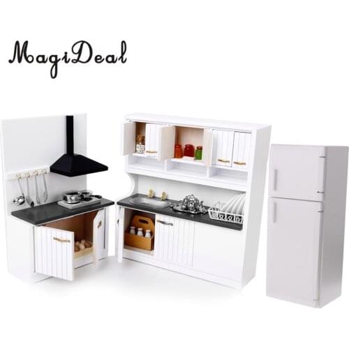 Dollhouse 1:12 Scale Kitchen/Dining Room Cabinet&Refrigerator Furniture Set for Dolls House Decor Acc Children Kids Great Gift