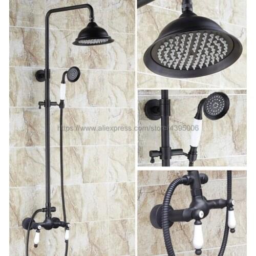 Oil Rubbed Bronze Bathroom Rainfall Shower Faucet Set Double Handle Mixer Tap With Hand Sprayer Wall Mounted Bath Shower Brs471