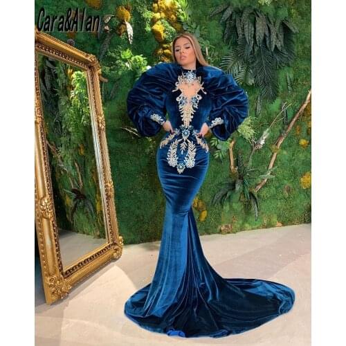 Sexy Velvet Mermaid Evening Dresses 2021 High Neck Applique Beading Long Sleeves Prom Gowns for Women Open Back Party Dress