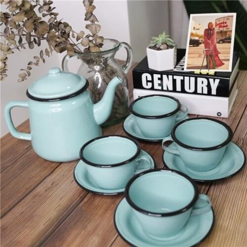 Antique blue enamel coffee pot and coffee cups set