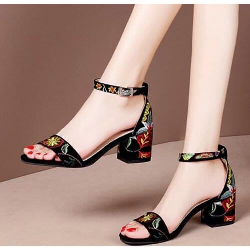 Plus Size 41 Summer Women Sandals Embroider Ankle Strap Sandal High Heels Dress Shoes Flower Ladies Shoes Sandalias mujer 8113N
