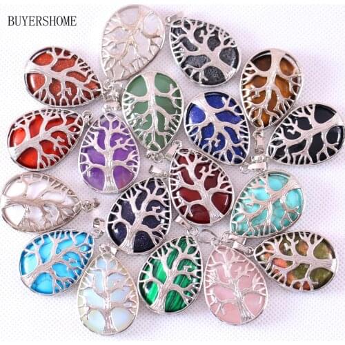 Silver Color Tree of life Water Drop Necklace Pendant Natural Gem Stone Howlite Crystal Unakite Epidote Opal Lapis Onyx 1Pcs