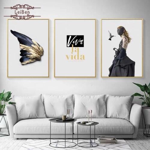 Modern Canvas Painting Mask Women Poster Lips Feathers Birds Posters and Prints Nordic Wall Art Pictures for Living Room Decor