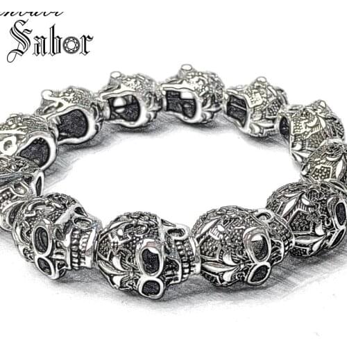 Thomas Fleur-de-lis Lily & Skull Punk Bead Elastic Heart Bracelet Tibetan silver color Rebel Punk Jewelry for Men accessories