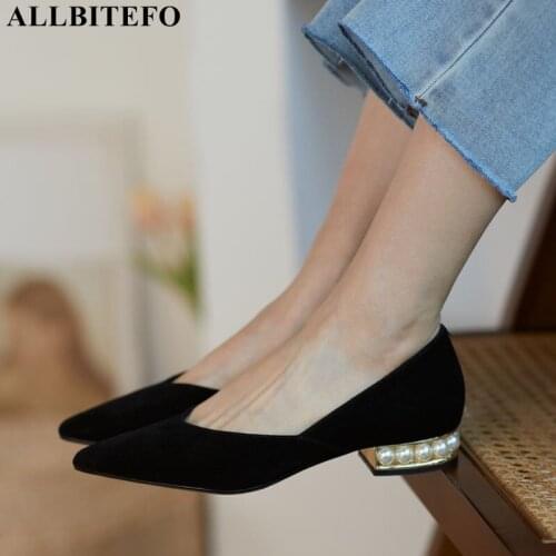 ALLBITEFO genuine leather sweet low-heeled comfortable wedding woemn shoes thick heels office ladies shoes party women heels