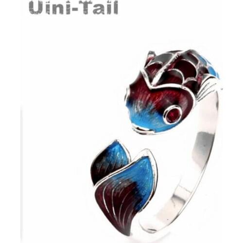 Uini-Tail new design hot sale 925 sterling silver Chinese style color matching blue koi open ring fashion lucky transfer jewelry