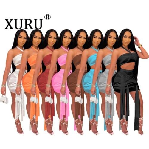 XURU Club Party Nightclub Womens Suit Dress See-through Mesh Bandage Tube Top Sexy Dress Two-piece Suit