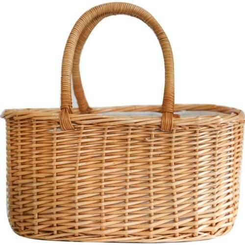 Japanese Style Wicker Handbag Movable Rattan Leather Handle Cotton Can Be Closed Fashion Pouch Storage Basket Handmade basket