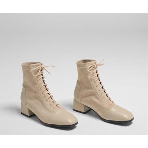 YQBTDL Autumn Cross Tied Square Toe Ladies Dress Office Shoes Chunky Block Heels Beige Black Stretch Elastic Ankle Sock Boots 43