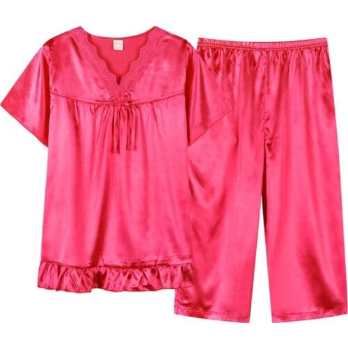 Plus Size M-XXXL Women Solid Color Sleepwear New Arrivals V-Neck Lace Pajamas Set Silk Rayon Summer Clothes For Women Homewear