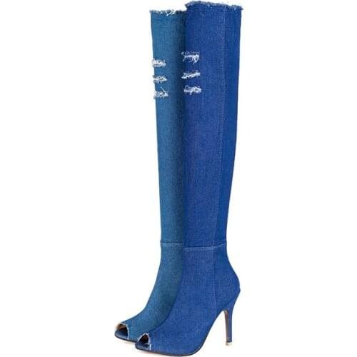 Womens Over The Knee Boots Women Denim Peep Toe Long Boots Woman Zip Thin High Heels Ladies Autumn Pumps Female Shoes Big Size