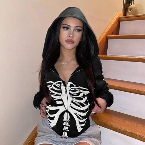 Retro Skeleton Print Y2K Gothic punk black hooded sweatshirt women ins female print student long sleeve o-neck Hood hoodie