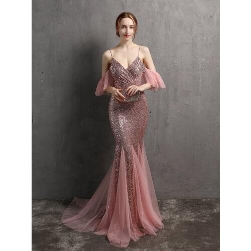 XUCTHHC Spaghetti Strap Ruffle Sleeve Mermaid Evening Dress V Neck Sequins Party Prom Pink Floor Length Vestidoes 2021 New