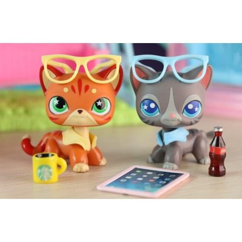 2x MINI Pet shop toys New Shorthair Cat With 7 Pieces Accessories