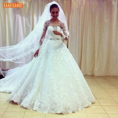 Aristocratic Custom Made White O Neck Wedding Dresses Long Sleeves Lace Appliqued Bling Belt Bride Dress Sexy Ivory Wedding Gown
