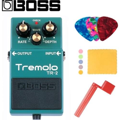 Boss TR-2 Audio Vintage Tremolo Pedal with Rate, Depth, and Wave Controls Bundle with Picks, Polishing Cloth and Strings Winder