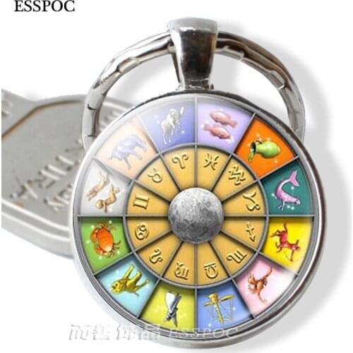 12 Zodiac Constellation Sign Pendant Glass Cabochon Dome Keychain Keyring Key Chain Ring Fob Vintage Handmade Jewelry Gift