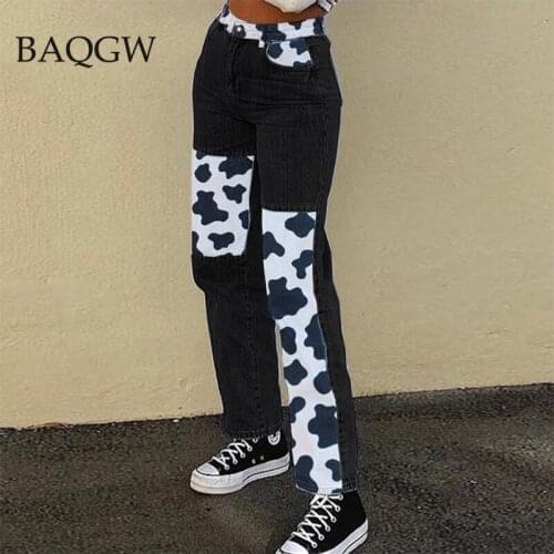 Black Blue Baggy Jeans Women Casual Cow Print Aesthetic Denim Pants Fashion High Waist Straight Long Trousers Ladies Streetwear