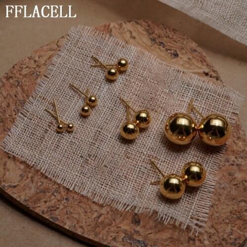 FFLACELL New Korea Simple S925 Needle Small Big Metal Golden Round Ball Stud Earrings Minimalist Jewelry For Women Girl Gifts