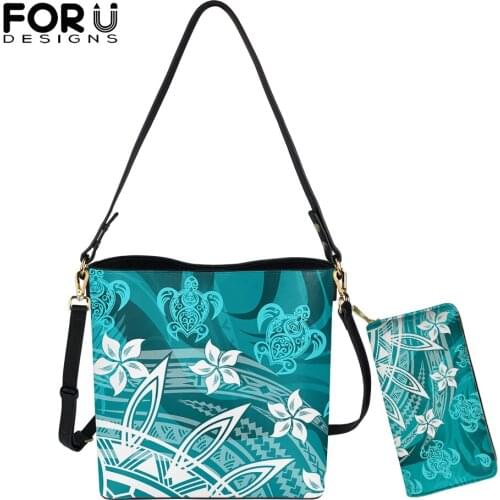 FORUDESIGNS 2021 Fashion Pu Leather Handbags Set For Women Polynesian Turtle Around Flower Print Casual Crossbody Bag Purse