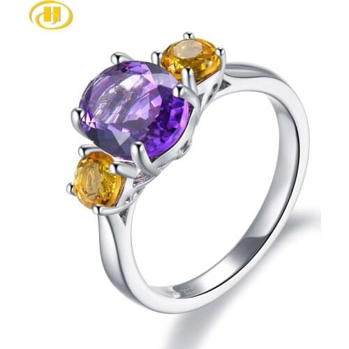 Hutang 2.14ct Natural Amethyst Gemstone Finger Ring Citrine 925 Sterling Sliver Vintage Neo-Gothic Rings for Women Fine Jewelry