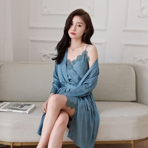 2PCS Robe & Gown Sling Sets Burgundy Pink Blue Vintage Women Lace Nightwear Intimate Dress Party Daily Elegant High-quality