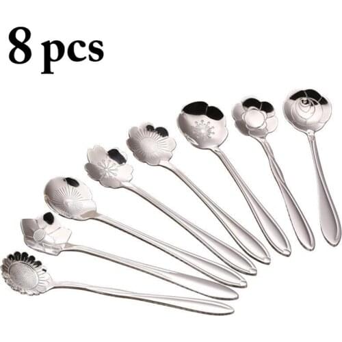8pcs Flowers Design Spoon Long Handle Dessert Tea Coffee Mixing Spoon Stainless Steel Vintage Teaspoons Drink Tableware